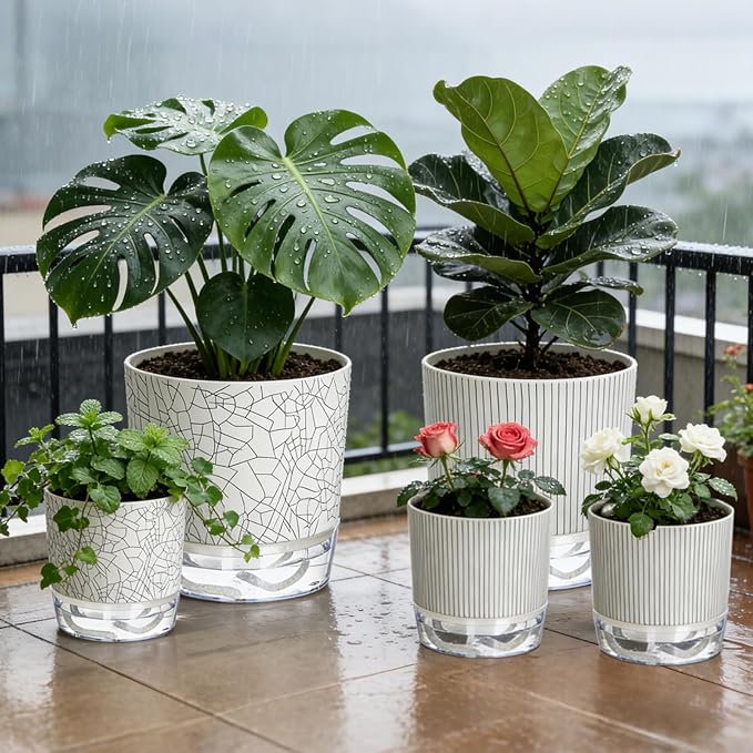 Self Watering Pots for Indoor Plants, 4/5.5/6.3 Inch Plant Pots Indoor Outdoor with Drainage Holes, Deep Reservoir, Plastic Self Watering Flower Pots
