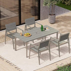 67" Rectangle HDPS Patio Dining Table, Aluminum Outdoor Patio Dining Table with Umbrella Hole, Weather-Resistant for Lawn, Garden, Yard, Poolside and Indoor Use (Gray & Teak)