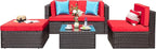 Vongrasig 5 Pieces Small Patio Furniture Sets, All-Weather Outdoor Sectional Patio Sofa Wicker Rattan Patio Seating Sofas with Cushion and Glass Table (Red)