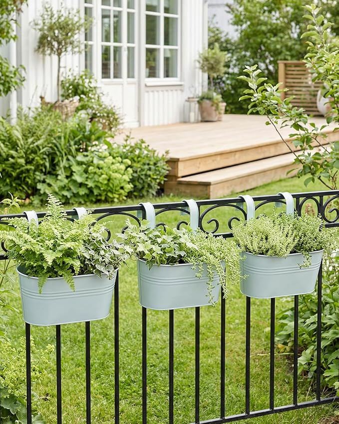 vensovo Metal Railing Planter for Outdoor Plants - 3 Pack Balcony Hanging Planter Box with Detachable Hooks and Drain Holes Oval Hanging Pots Fence Planters for Railing Garden Fence, Green
