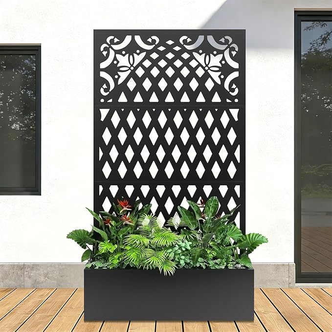 Metal Raised Garden Bed with Trellis & Privacy Screen, 71"x40"x11.8" Galvanized Freestanding Planter Box for Patio Balcony, Modern Planter with Drainage for Climbing Plants, Flowers & Vegetable