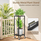 LASZOLA 2 Tier Black Metal Plant Stand Indoor Outdoor with Wheel for Large Planter, Modern Heavy Duty Tall Rolling Rack for Corner House Bathroom Patio Floor, Iron Flower Shelf Holder for Orchid Fern