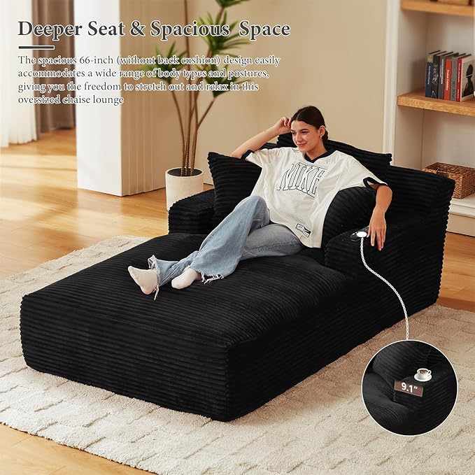 78.7" Chaise Lounge Chair Indoor, Oversized Boneless Couch Comfy Upholstered Sleeper Sofa Bed with 3 Pillows, Corduroy Cloud Reading Chair for Living Room No Assembly Required, Black