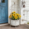 Planter: White Metal Birdcage Design, Rustic Style, 21.7 Inches Tall