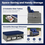 HAPPYGRILL Patio Rattan Wicker Daybed with Loveseat & Storage Ottoman, Outdoor Lounge Sofa Furniture Set with Adjustable Backrest & Side Trays, for Poolside Deck Porch Lawn (Mix Grey & Navy)