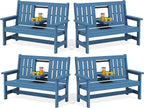 SERWALL Outdoor Bench with Cup Holder, 58" HDPE Garden Park Bench Suitable for 3 Person, All Weather Patio Benches with High Backrest and Wide Armrests for Garden, Park, Yard, Front Porch, Navy