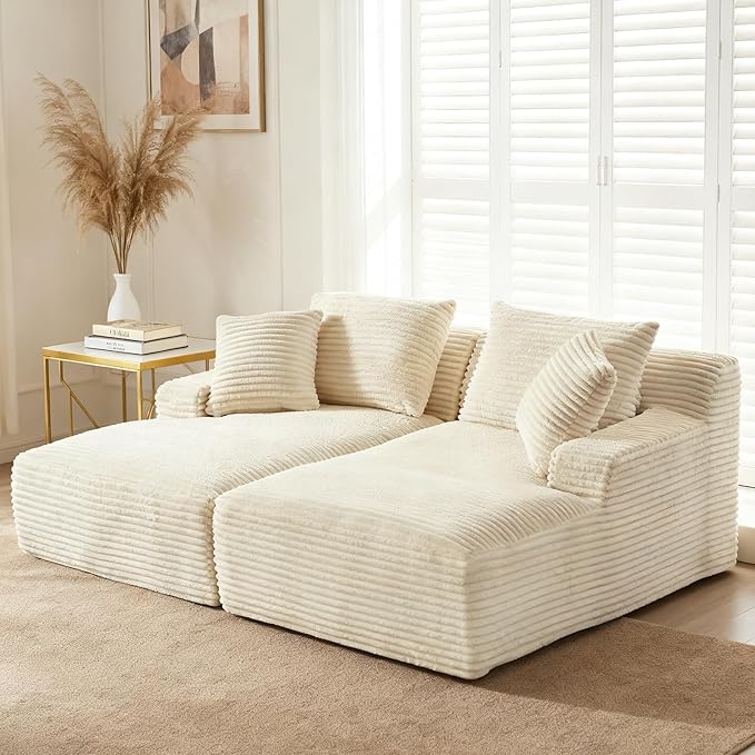 80" Double Chaise Lounge Chair Indoor, Oversized Boneless Couch Comfy Upholstered Sleeper Sofa Bed with 4 Pillows, Corduroy Cloud Loveseat Chair for Living Room No Assembly Required, White