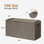 Flamaker Deck Box with Cushion 100 Gallon Waterproof Resin Storage Box with Air Rod Indoor Outdoor Lockable Storage Bench for Patio Furniture, Tools, Pool Accessories (Brown)