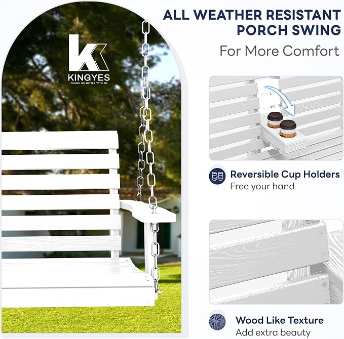Porch Swing, 2-Seat Outdoor Swing in Pure White with Flip-Down Cup Holder