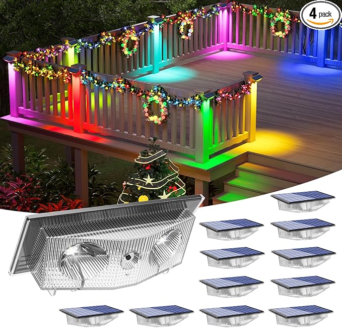 Solar Fence Lights, Fence Light Solar Powered with 6 RGB Colors & Warm White & Cool White, Waterproof Bright Backyard Fence Solar Outdoor Lights for Outside Deck Wall Step Patio Pool(12 Packs)