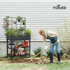 Metal Raised Garden Bed with Trellis & 2-Tier Storage Shelf, Elevated Planter Box with Legs -Includes 3 Flower Pots, Outdoor Vertical Garden for Vegetables Herbs Climbing Plants Patio Balcony
