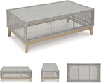 Signature Design by Ashley Seton Creek Casual Resin Wicker Outdoor Coffee Table with Tempered Glass Tabletop, Light Gray & Light Brown