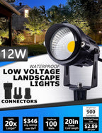 SUNVIE 12W Low Voltage LED Landscape Lights with Connectors, Outdoor 12V Super Warm White (900LM) Waterproof Garden Pathway Lights Wall Tree Flag Spotlights with Spike Stand (10 Pack with Connector)