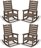SERWALL Outdoor Rocking Chair Set of 4, Oversized HDPE Patio Rocking Chair with Footrest for Adults, All Weather Porch Rocker for Deck Patio Balcony, Coffee