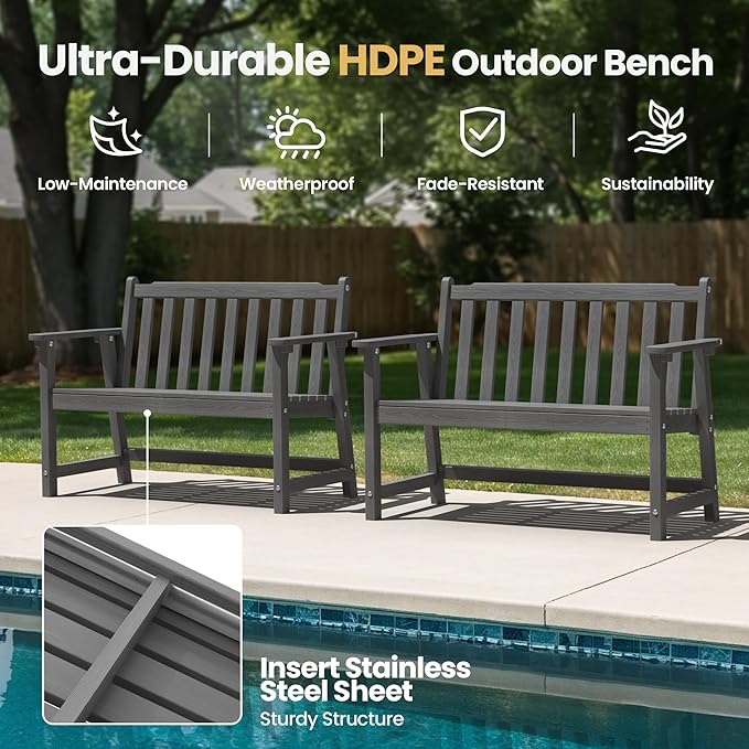 Ciokea 48" Outdoor Bench Set of 2, HDPE Weatherproof Garden Bench, 2-Person Memorial Benches with 550 Lbs, Waterproof Patio Porch Benches for Outside Balcony Deck Backyard, Dark Grey