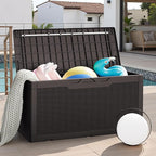 JUMMICO 100 Gallon Resin Deck Box, Waterproof Outdoor Storage Box with Lockable Lid for Garden Tools, Patio Cushions (Brown)