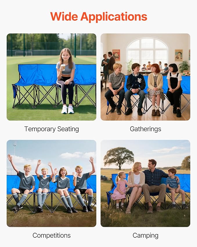 VEVOR Portable Folding Bench, 8 Seat Foldable Soccer Bench with Side Pockets and Carrying Bag, Lightweight Sideline Seating with Back Rest for Football, Baseball, Camping, Outdoor Events, Blue
