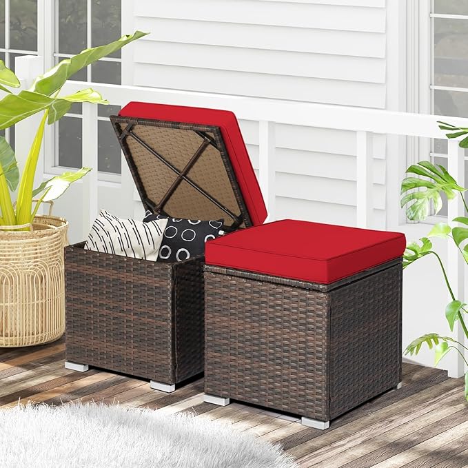 RELAX4LIFE Wicker Outdoor Storage Ottoman, 2-Piece Rattan Footstool w/Removable Cushion, Multipurpose Footrest Stool Side Table Additional Seating, Set of 2 Outdoor Ottomans for Patio Deck (Red)