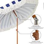 AMMSUN 7ft Patio Umbrella with Fringe Outdoor Tassel Umbrella UPF50+ Wood Color Steel Pole and Steel Ribs Push Button Tilt, Navy Stripe
