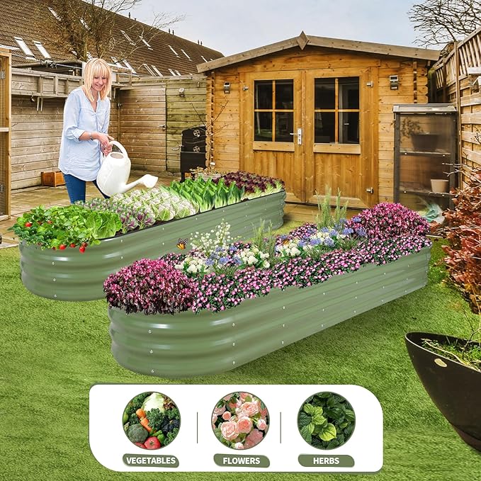 Galvanized Raised Garden Bed - 8x2x1FT Metal Planter Boxes Outdoor | Oval Steel Raised Bed Kit for Gardening with Protective Tape, Bracing Rods, Gloves for Vegetables, Flower, Herb (Green)