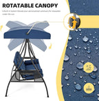 HOMREST 3 Seat Outdoor Porch Swing with 1.5" Deepened Cup Holder, Adjustable Canopy, Patio Swing Bed with Stand, Patio Glider Swing with Thicken Cushions, Pillow for Yard, Garden(Blue)