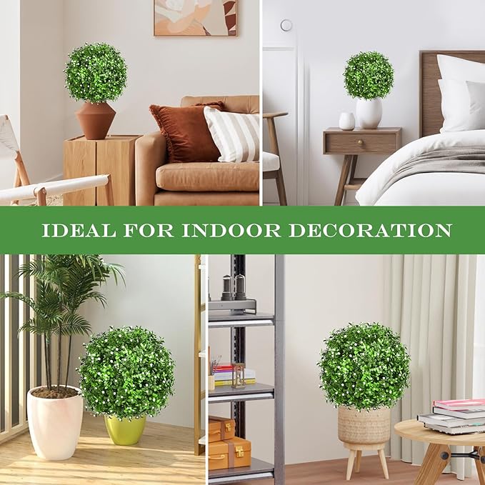 Artificial Topiary Bushes for Outdoors with Spike, Boxwood Ball Fake Shrubs UV Resistant Faux Plants for Indoor Outdoor Fall Thanksgiving Halloween Decor (Gypsophila Boxwood White-2 Packs)