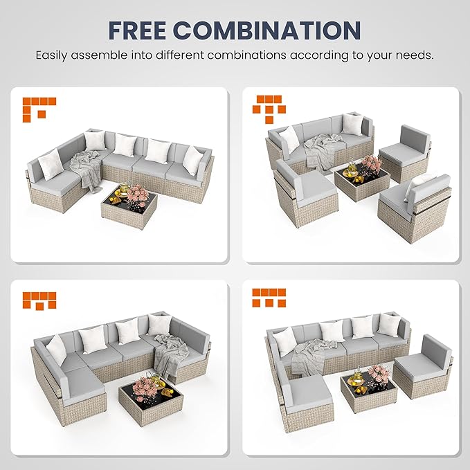 Pamapic 7-Piece Outdoor Sectional Furniture Set, All-Weather Wicker Patio Sofa with Washable Cushions, Gray Waterproof Rattan Conversation Set for Backyard, Poolside, Garden (Gray Cushions)