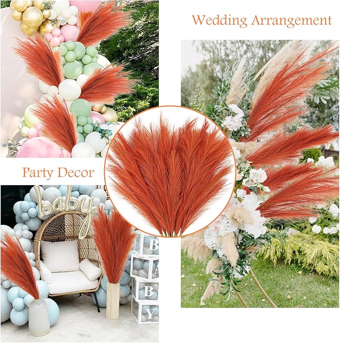Faux Pampas Grass Stems 8 Pack, 35 Inch Burnt Orange Silk Greenery