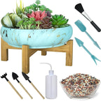 Succulent Pots, 10 Inch Large Succulent Planter Pots with Drainage - Ceramic Marble Bonsai Pot with Stand Shallow Planter for Cactus Flower Plants Plus Succulent Planting Tools Set & 2.2lb Mix Pebbles