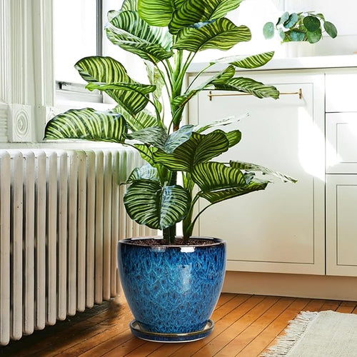 10 Inch Ceramic Planter Pot Round Plant Pot for Indoor Plants Outdoor Large Flower Pot with Drainage Hole and Saucer Blue