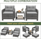 LHBcraft Outdoor Furniture 5 Piece Patio Conversation Set, PE Rattan Patio Set with Soft Cushions & Coffee Table, Outside Furniture with Hidden Ottoman for Porch, Lawn, Garden, Balcony, Grey