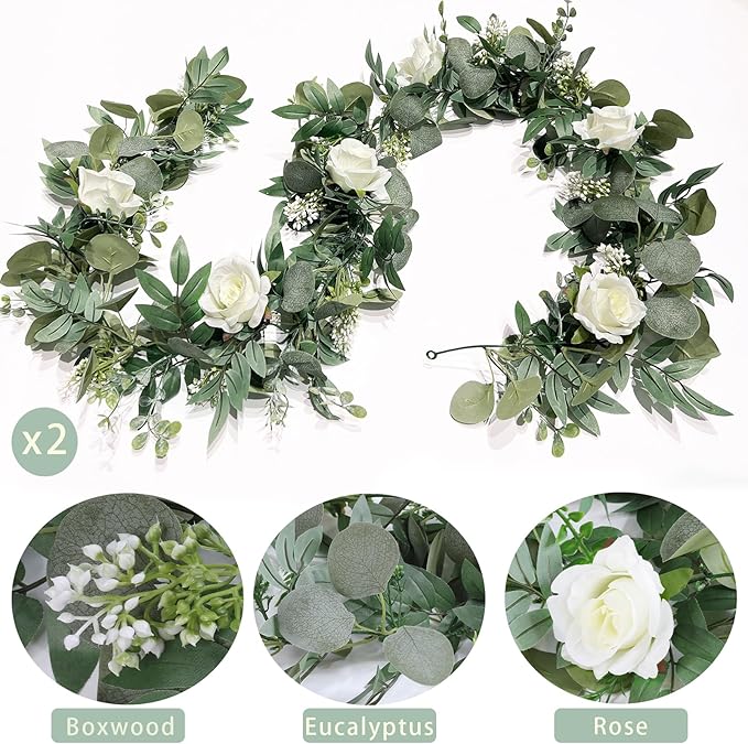 Artificial Eucalyptus Garland 2 Pack, 6.5 Ft Each, White Roses