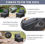 Jing's Villa 5-Piece Patio Furniture Set, All-Weather Outdoor Wicker Sectional Sofa with Cushions, Tempered Glass Table & Ottoman, Rattan Conversation Seating for Porch, Garden, Backyard,Grey