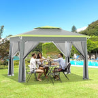 ECOTOUGE 11 FT Pop Up Canopy Tent with Mosquito Nettings, Instant Shelte gazebos on Clearance w/Carrying Roller Bag, Waterproof and UV Resistant Canopy Tent for Grill, Garden and Backyard Grey-Green