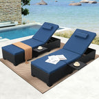WAROOM Outdoor Chaise Lounge Chairs for Outside Patio Furniture Set of 2 Wicker Recliner Black Rattan Sunbathing Lounger Adjustable Backrest Pool Reclining Chair, Navy Blue Cushion