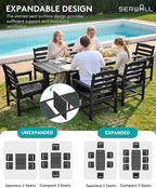 SERWALL 7-Piece Patio Dining Sets, 60" - 83" Expandable Outdoor Dining Table and 6 HDPE Chairs, All Weather HDPE Outdoor Furniture Set for Backyard, Garden, Black