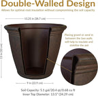 Sunnydaze 15.25-Inch Anjelica Large Plastic Pot for Plants - Outdoor Double-Walled Large Plastic Planter with Drillable Drainage Holes - Rust - 2pk