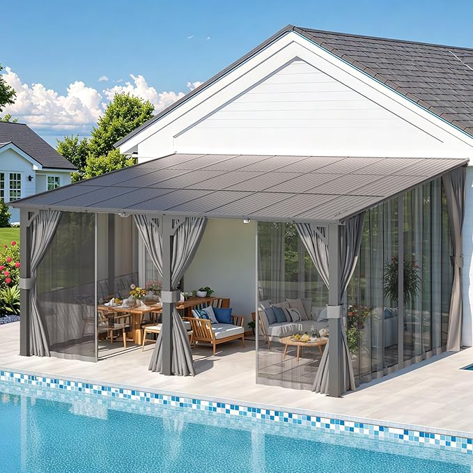 AECOJOY 16' x 12' Gazebo Outdoor Pergola with Curtains and Netting for Patio, Large Wall-Mounted Hardtop Lean to Metal Gazebo Shelter, Pergolas and Gazebos Clearance with Patio Roof Awnings for Decks