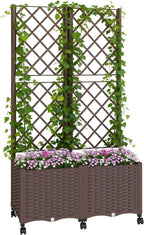Outsunny Planter Box with Trellis, Self Watering Raised Garden Bed with Lockable Wheels, 56.3" Trellis Privacy Planter with Drainage Holes for Climbing Plants, Vines, Vegetables, Flowers, Brown