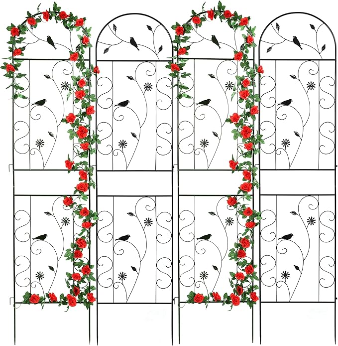 Metal Garden Trellis for Climbing Plants, 4 Pack 86.5" x 19.7" Black Plant Trellis Outdoor, Clematis Rrellis Outdoor, Arched Decoration Suitable for lawns, Gard, Black