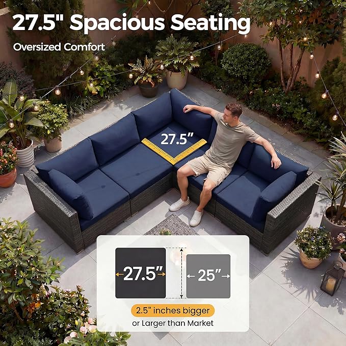 NICESOUL 18 Piece Patio Furniture Set with Fire Pit Table and Chaise, 29.3'' High Back Outdoor Wicker Couch Sets with Firepit and Lounger, 500 lbs Heavy Duty 14-Seat Outdoor Sectional, Gray & Navy