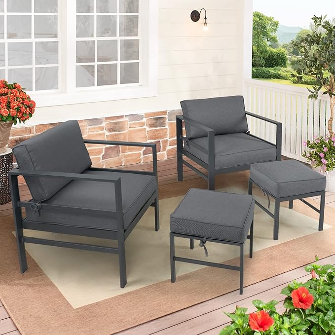 2 Pieces Outdoor Ottomans for Patio, No-Assembly Aluminum Outdoor Patio Footstool with Gray Cushions, Small Aluminum Patio Seat for Porch Yard Garden Deck, Grey Frame