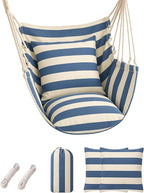 Hammock Chair Swing 2 Cushions Included - Hanging Rope Swing Max 400 Lbs Sturdy Soft Cotton Indoor for Bedroom Swing Chair Outdoor Patio Bedroom Porch Deck (Blue White Stripes)