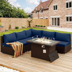 NICESOUL 6 Piece L-Shaped Outdoor Couch with Fireplace Natural Gas/Propane, 29.3'' High Back Wide Seat Patio Conversations for Outside, Oversized Comfy Sectional Furniture Set, Brown/Blue