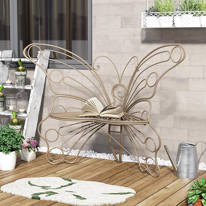 50 Inches Outdoor Bench, Garden Bench with Sturdy Iron Metal Frame, Pretty Butterfly Bench Front Porch Bench for Porch,Lawn,Garden,Yard