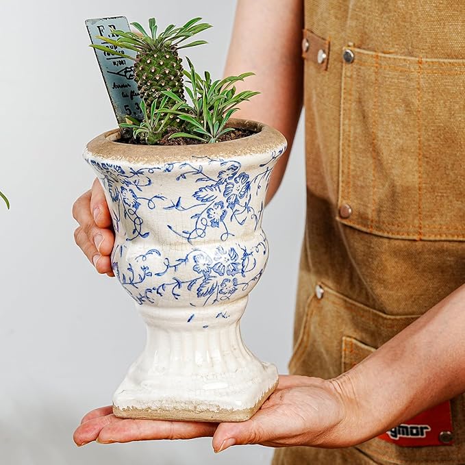 Sungmor Small Ceramic Urn Planter - Blue and White Floral Pedestal Flower Pot, Decorative Vintage Chinoiserie Style Planters, Tuscan Accent Vase Indoor Outdoor Plant Holder with Drainage