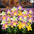 Solar Garden Lights 6 Pack LEDs Solar Lilies Flower Lights, Yard Patio Pathway Decoration High Flexibility Copper Wire Handmade Silk Artificial Flowers Never Wither, Gift for Family Friends