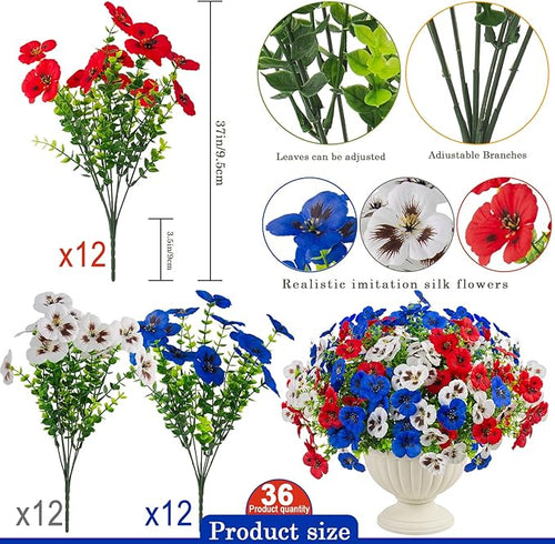 18 Pcs Artificial Fake Pansy Flowers for Outdoor, UV Resistant Faux Silk Pansies Patriotic Flowers for Outside for Planter Front Door Porch Patio Window 4th of July Home Decor (18, Red, White, Blue)