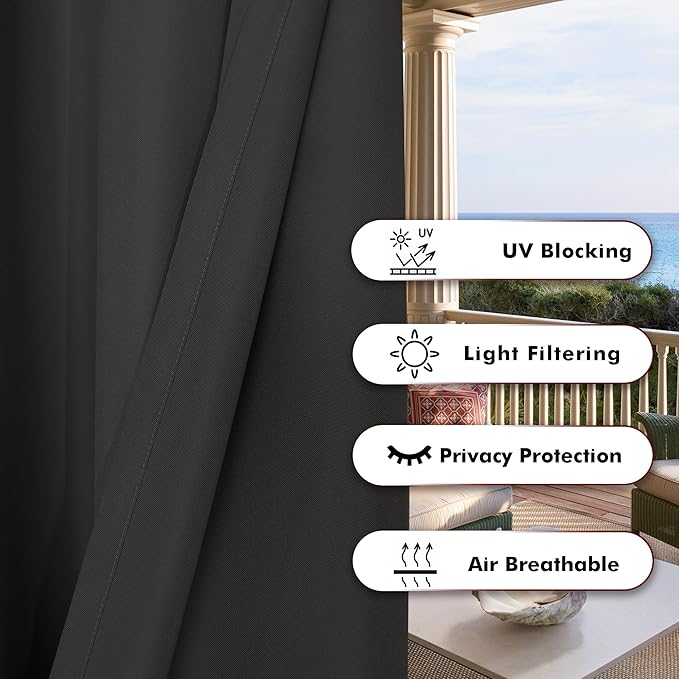 BONZER Outdoor Waterproof Curtains for Patio Extra Wide Grommet Light Filtering Outside Curtains for Gazebo, Porch, Pergola, Pavilion, 1 Panel, 150W x 108L inch, Charcoal