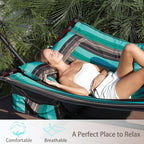 TegerDeger 12FT 2 Person Hammock Large Hammock 450LB Capacity with V Shaped Hardwood Spreader Bar & Nylon Rope for Outside, Patio, Garden, Backyard, Beach, Poolside - Teal Stripes